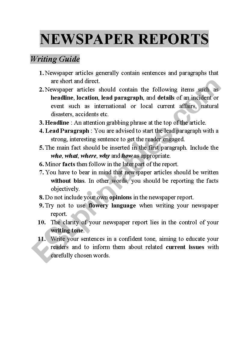 How to write a Newspaper Report - ESL worksheet by Joelyn22