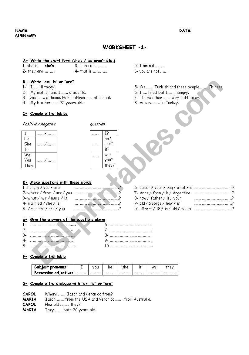 verb  to be worksheet