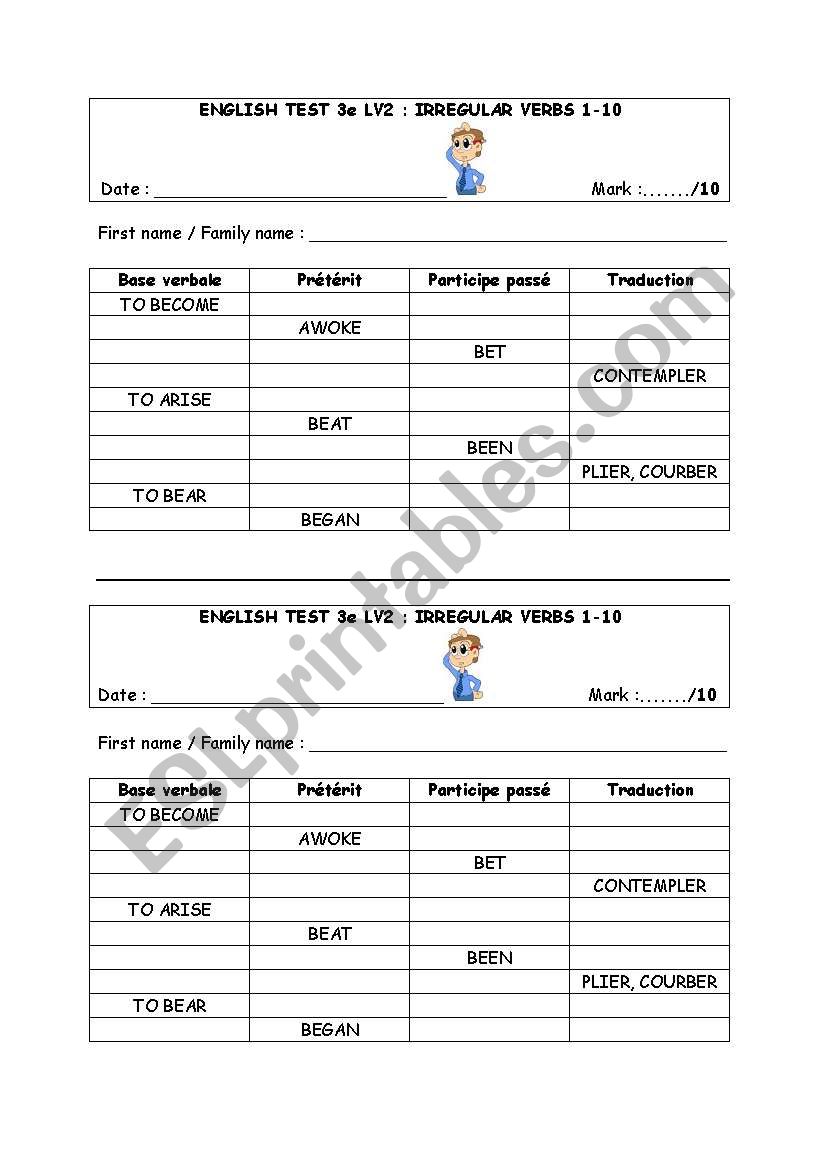 test irregular verbs 1-10 worksheet