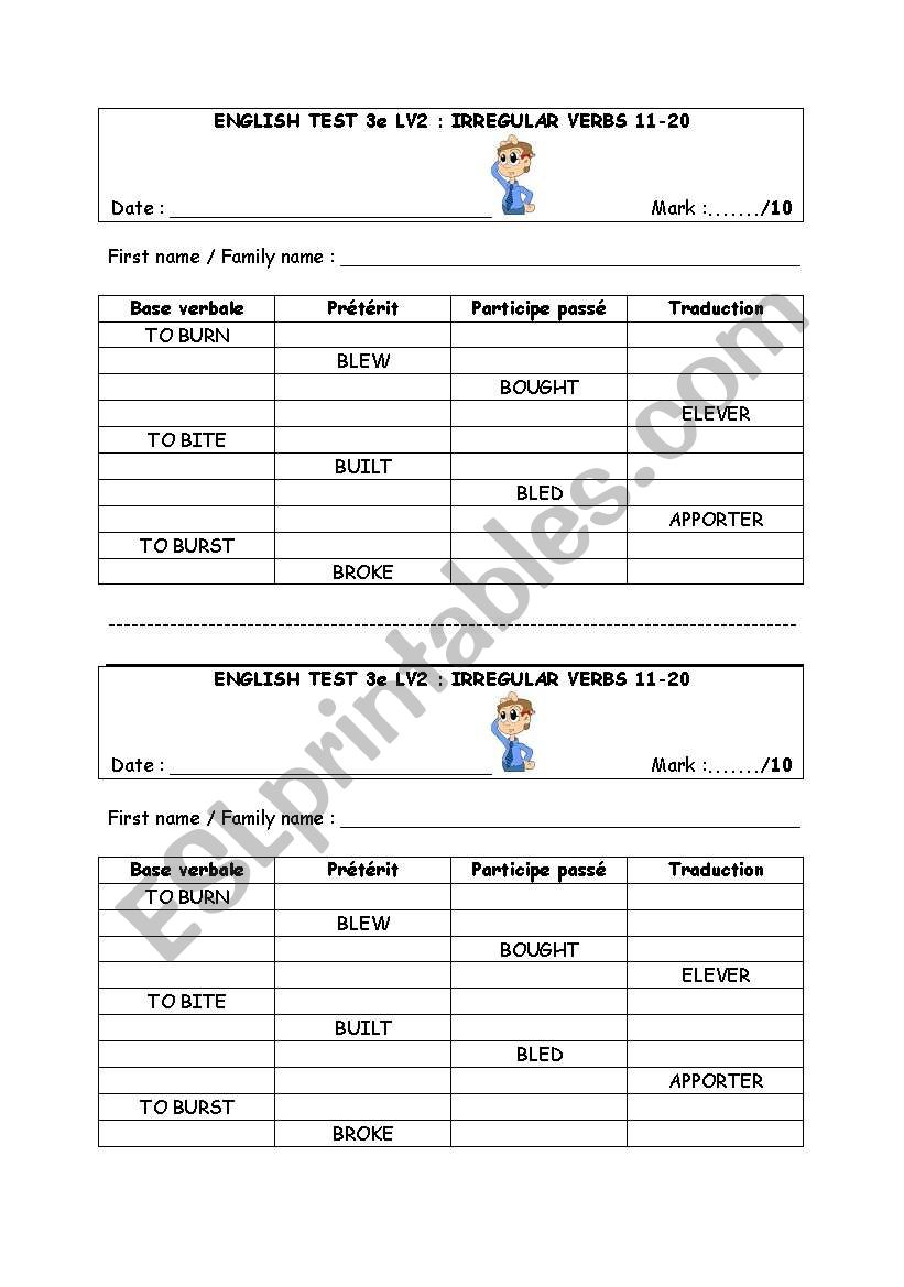 test irregular verbs 11-20 worksheet