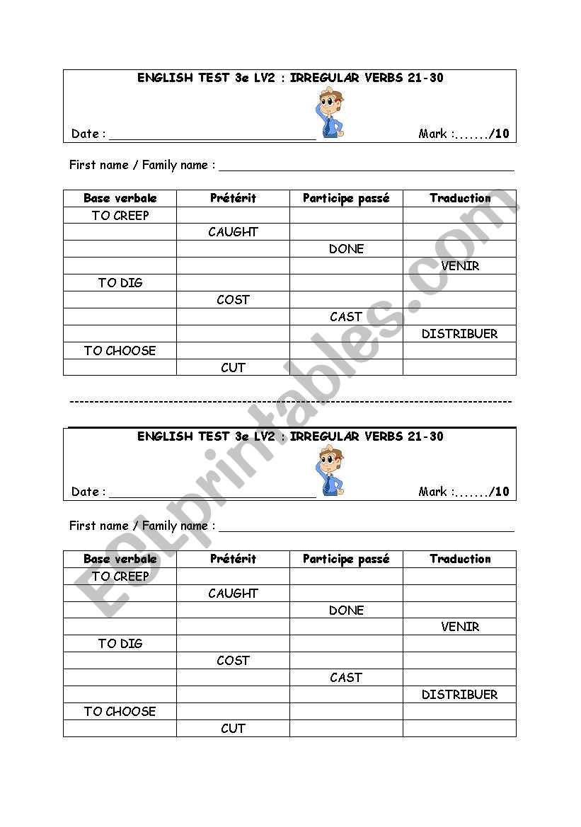 test on irregular verbs 21-30 worksheet