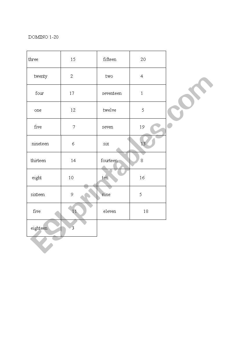 domino 1-20 numbers worksheet