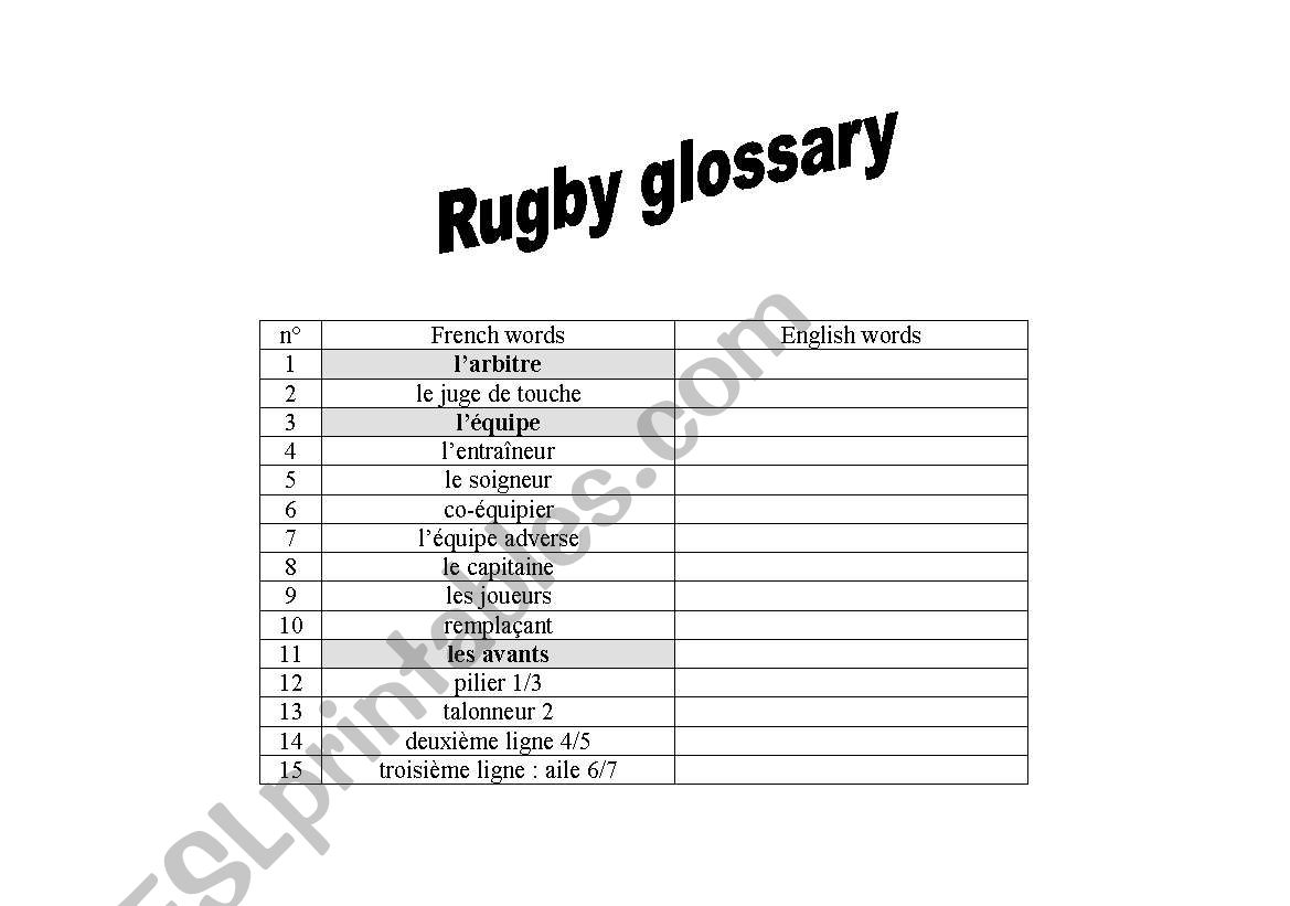 Rugby glossary + key worksheet