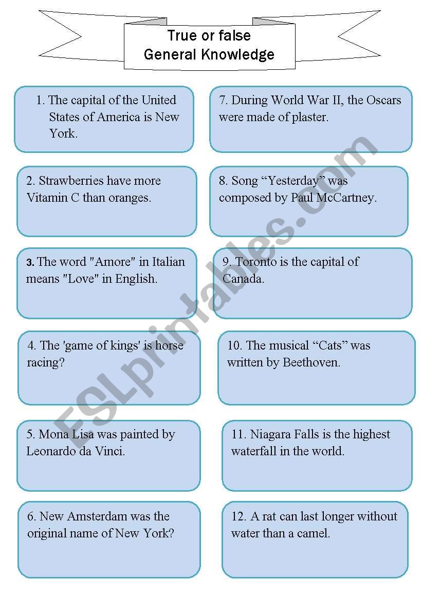 truefalse General Knowledge worksheet