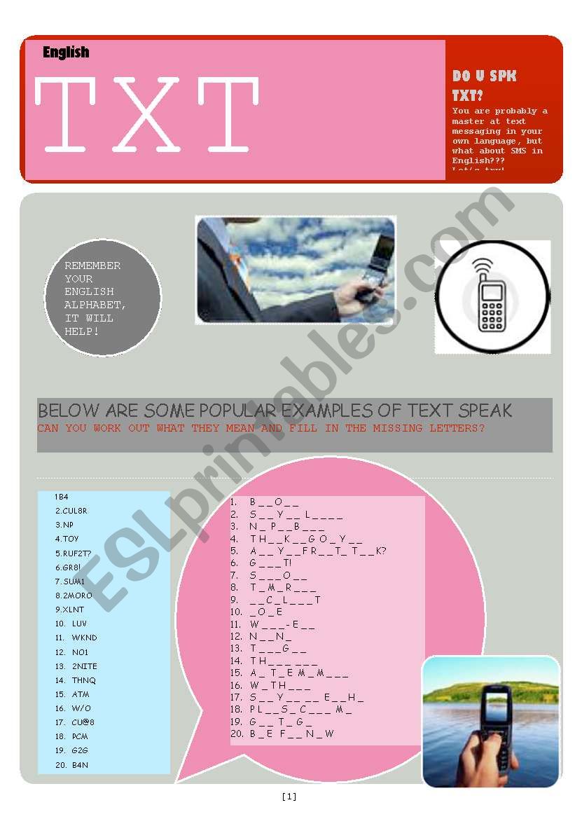TXT MSG CRAZE!!! Text messages in English worsheet