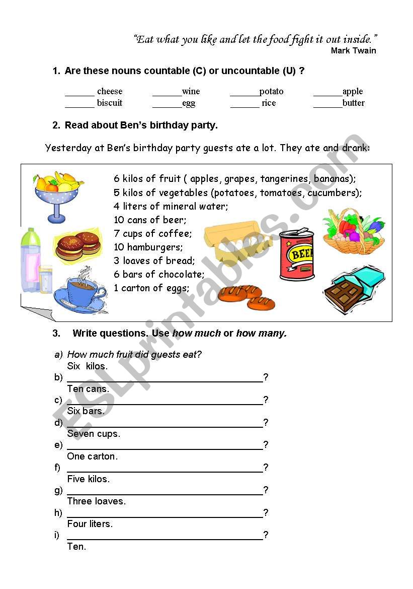 Food and containers worksheet