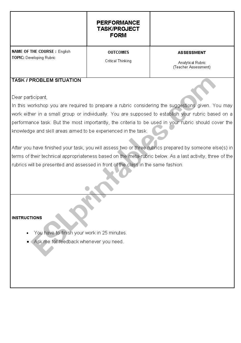 performance task worksheet