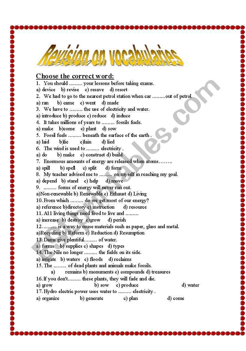 vocabulary test worksheet