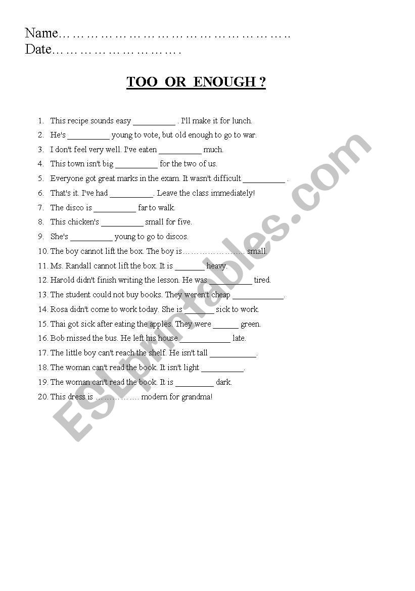 too or enough worksheet