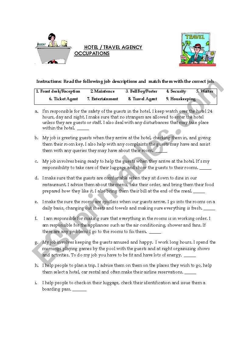 Hotel / Travel Agency Jobs worksheet