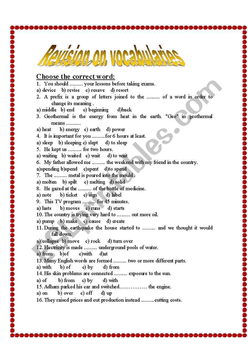 vocabulary test worksheet