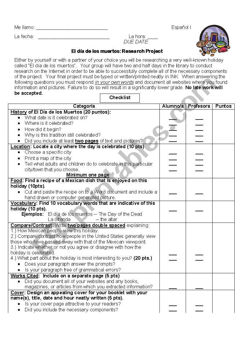 Day of the Dead Project worksheet