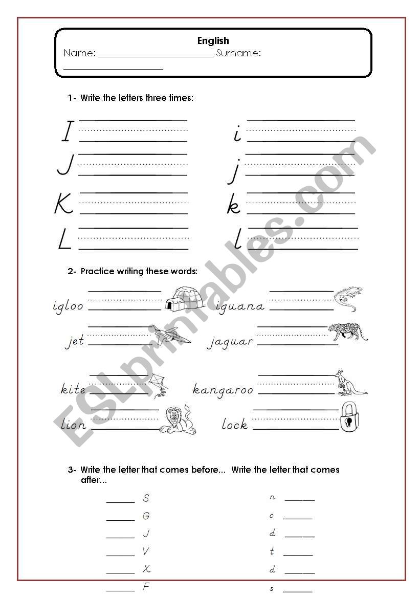 alphabet I-L worksheet