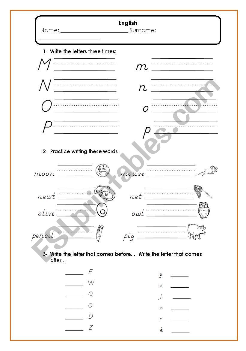 alphabet - M-T worksheet