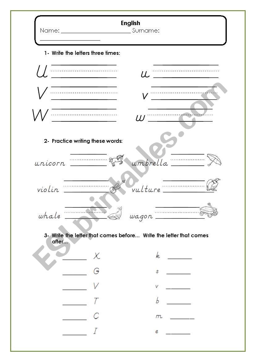 alphabet - U-Z worksheet