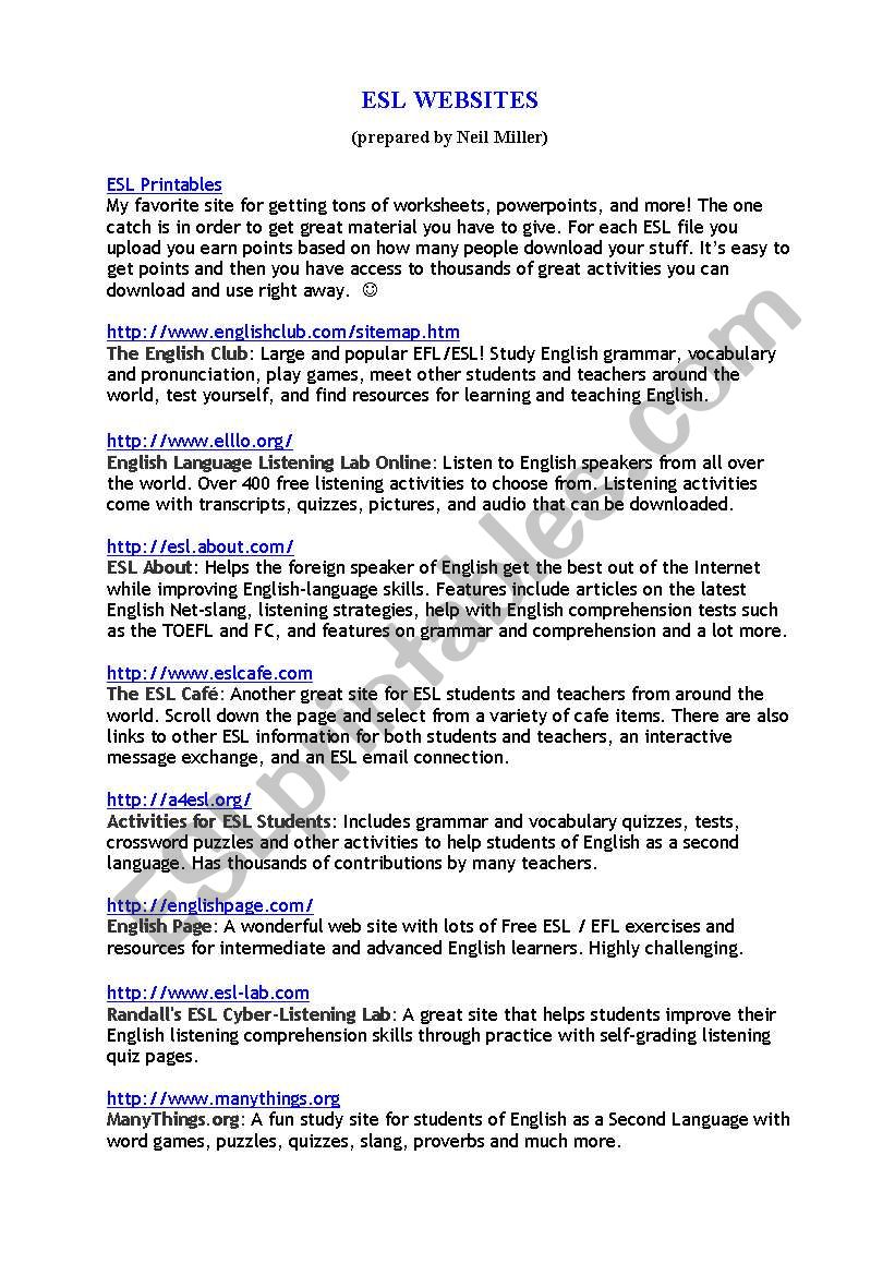 ESL WEBSITES worksheet