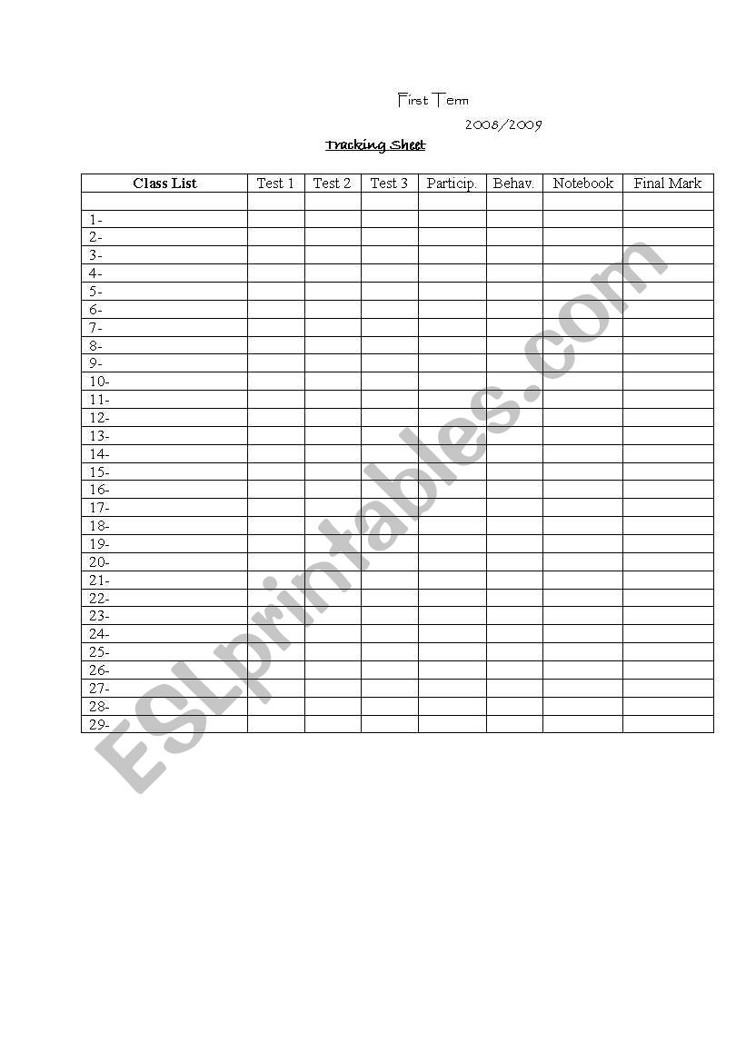 A Tracking Sheet worksheet