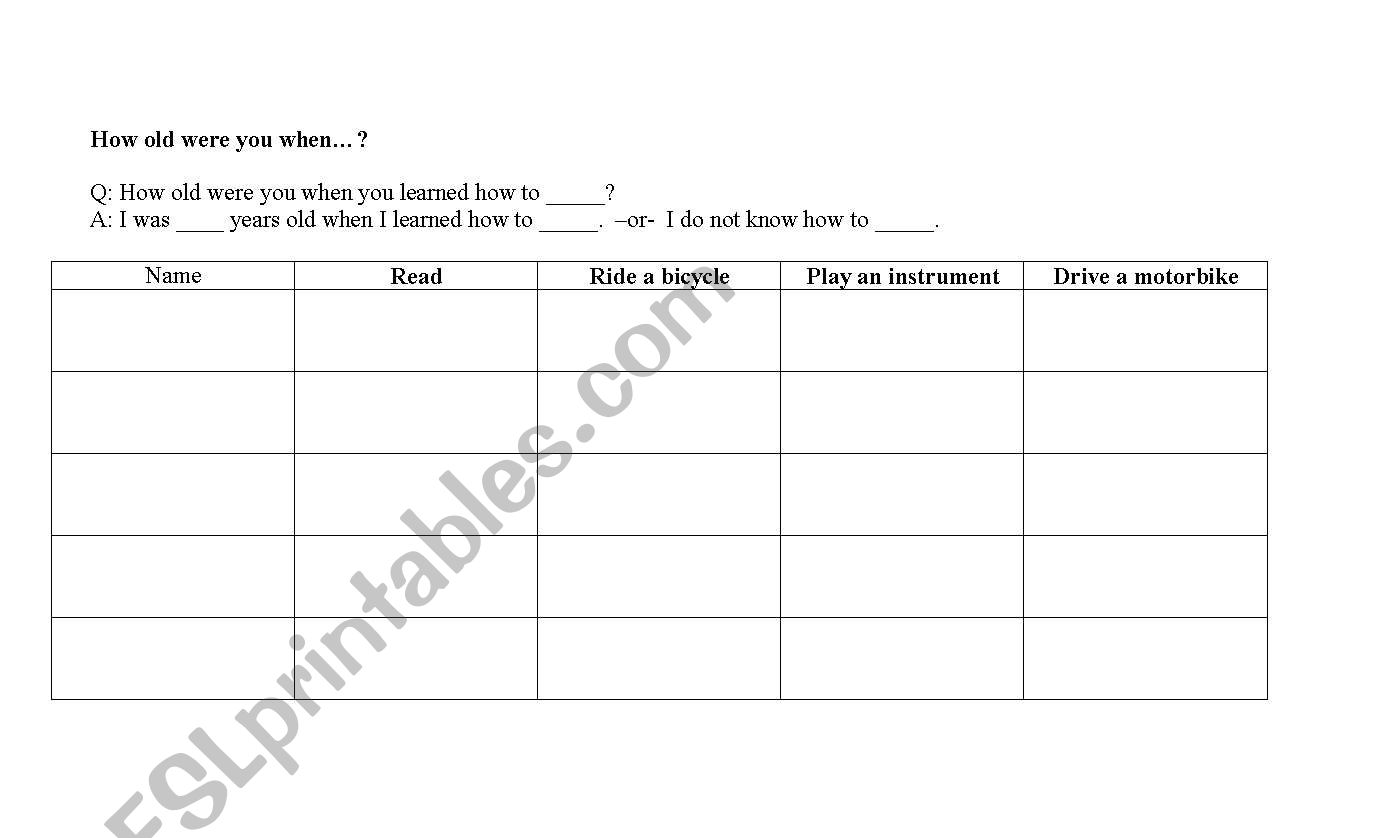 How old were you when...? worksheet