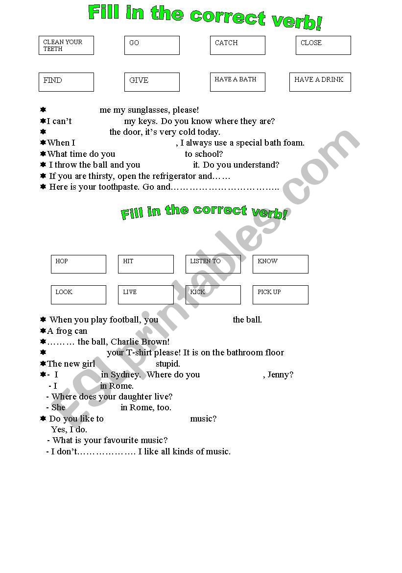 Verb Fill in worksheet
