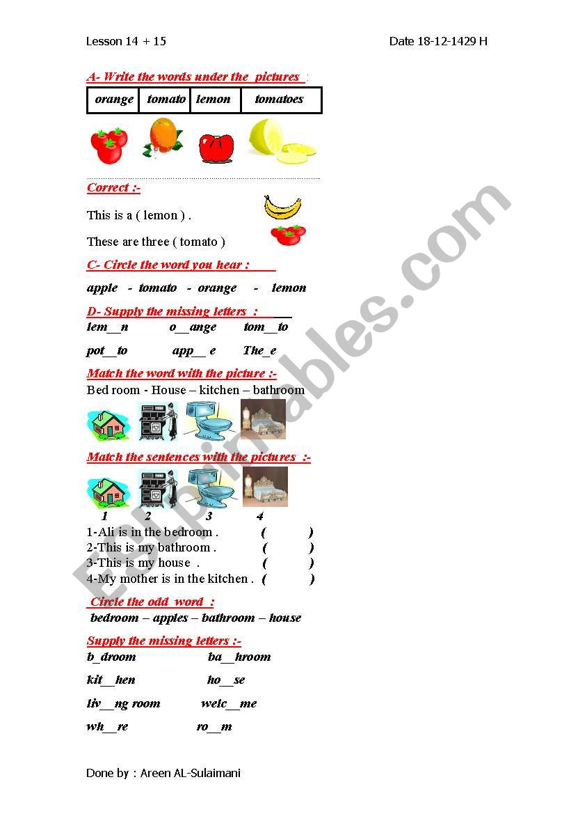 food+house worksheet