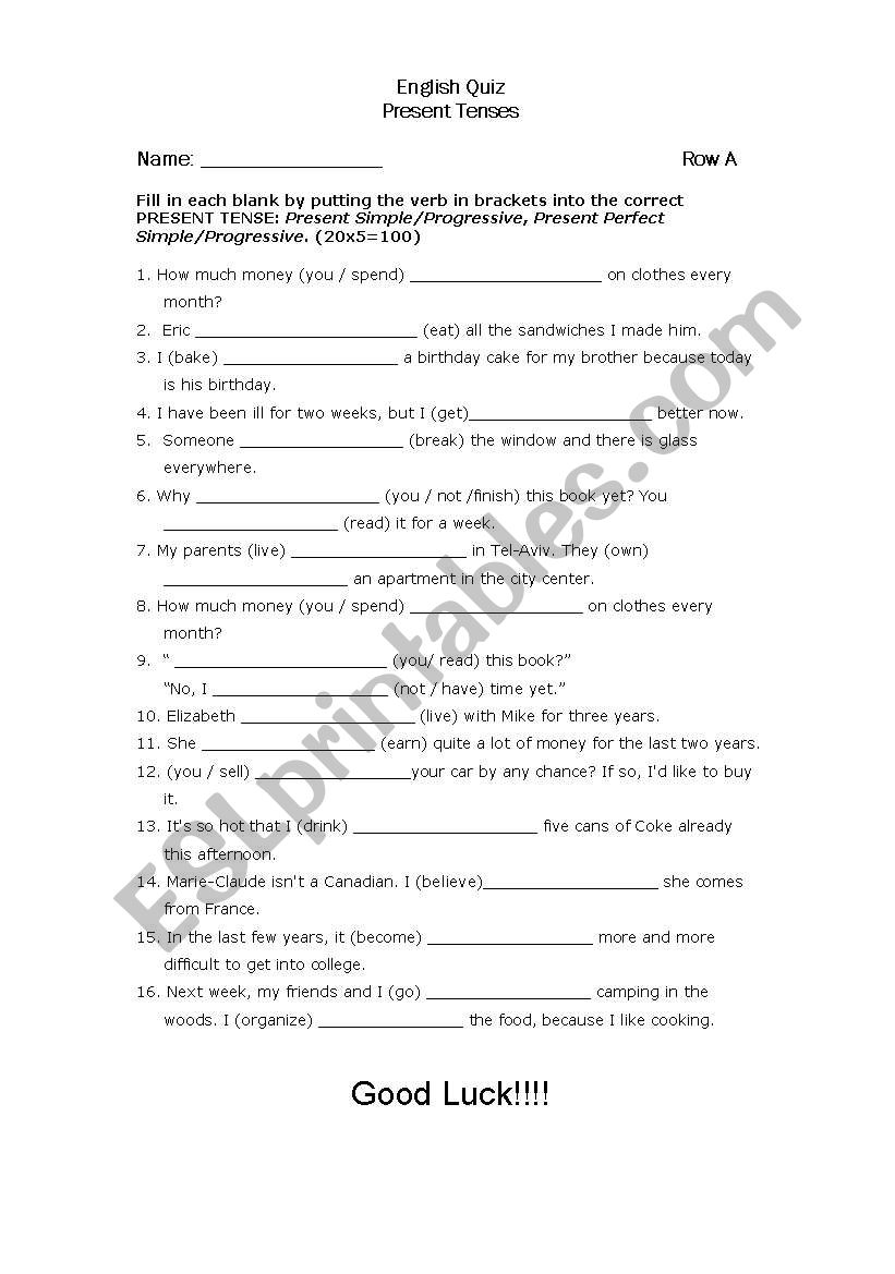 Present Tenses Quiz worksheet