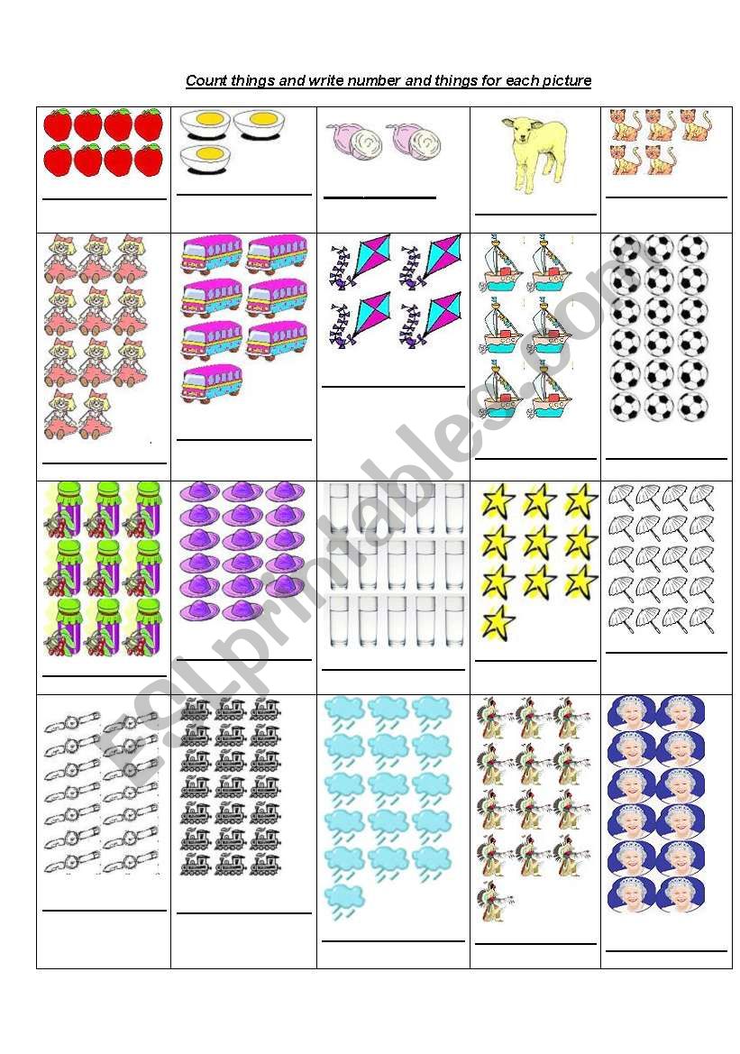 Count things and write number and things for each picture 