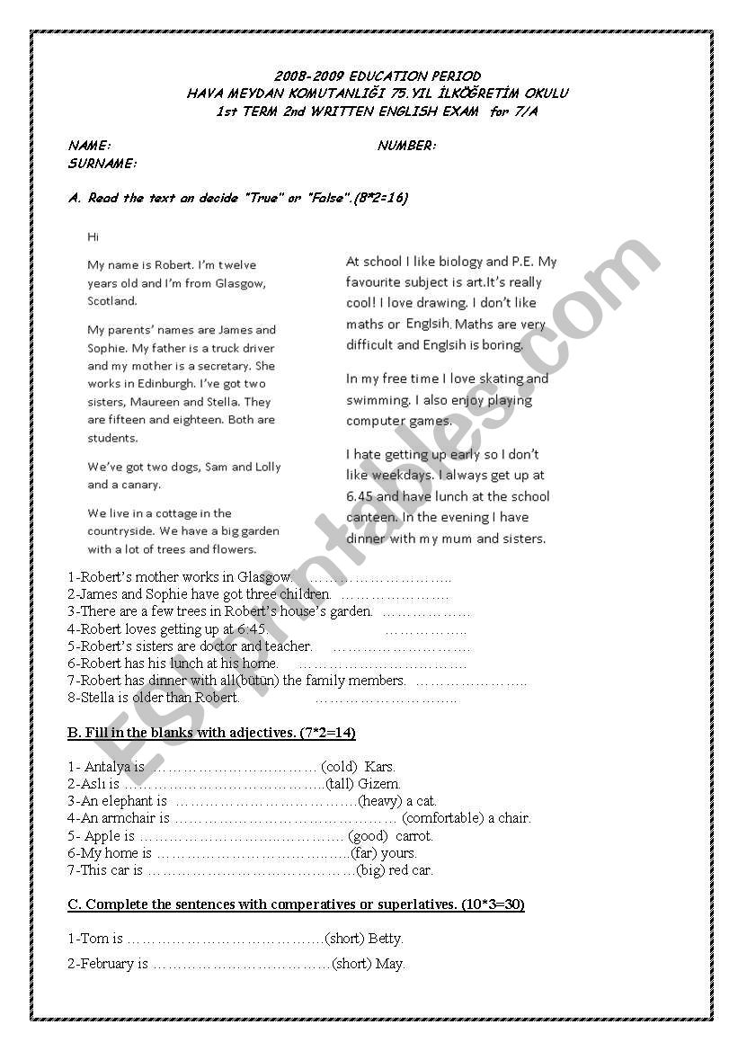 exam for 7th grade(2pages) worksheet