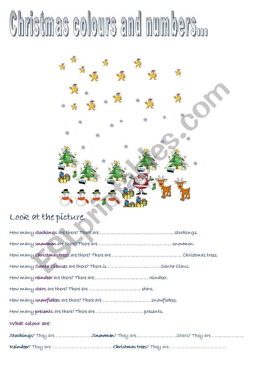 CHRISTMAS COLOURS AND NUMBERS worksheet