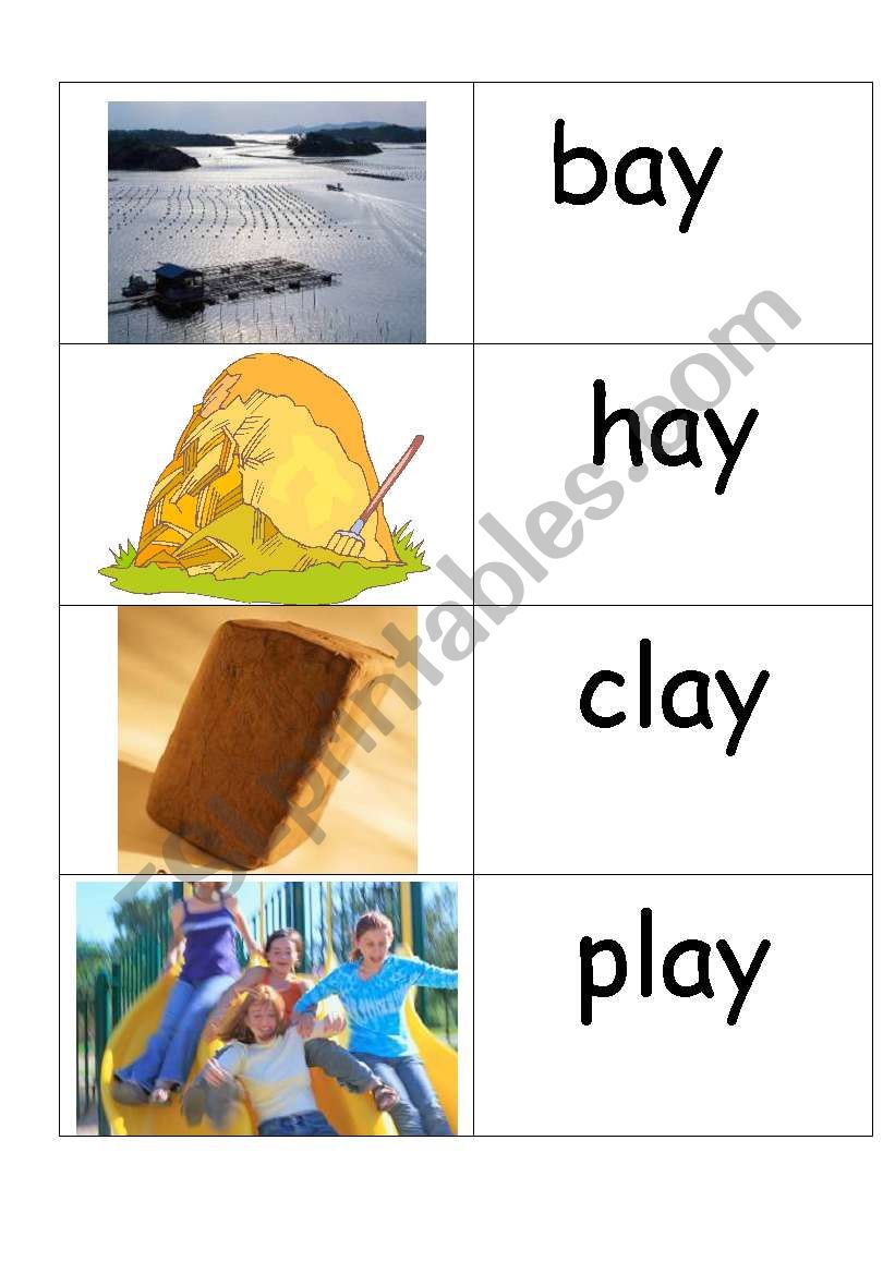 word /picture cards containing ay phonics