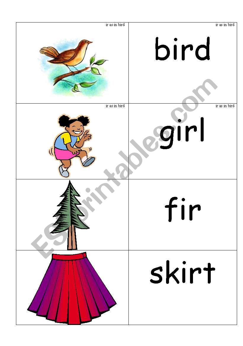 word /picture cards containing ir phonics