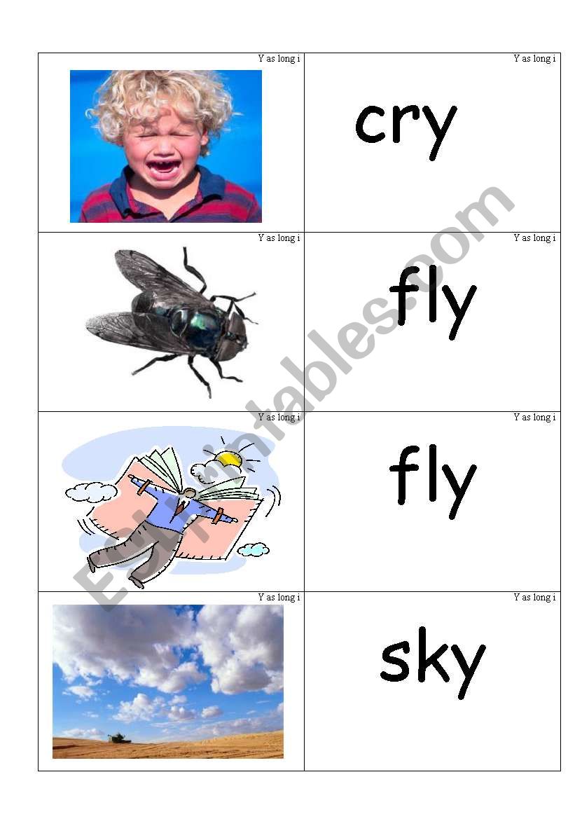 word /picture cards containing y as in cry phonics