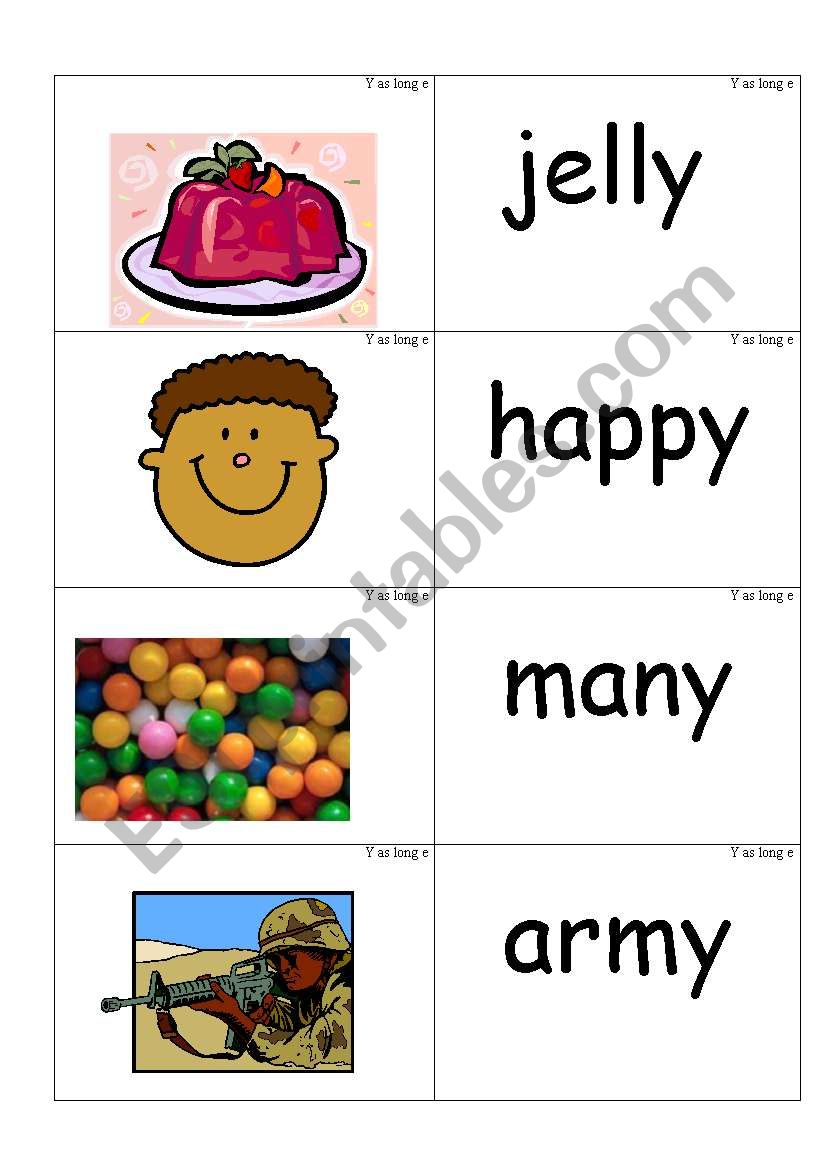 word /picture cards containing y as in jelly phonics