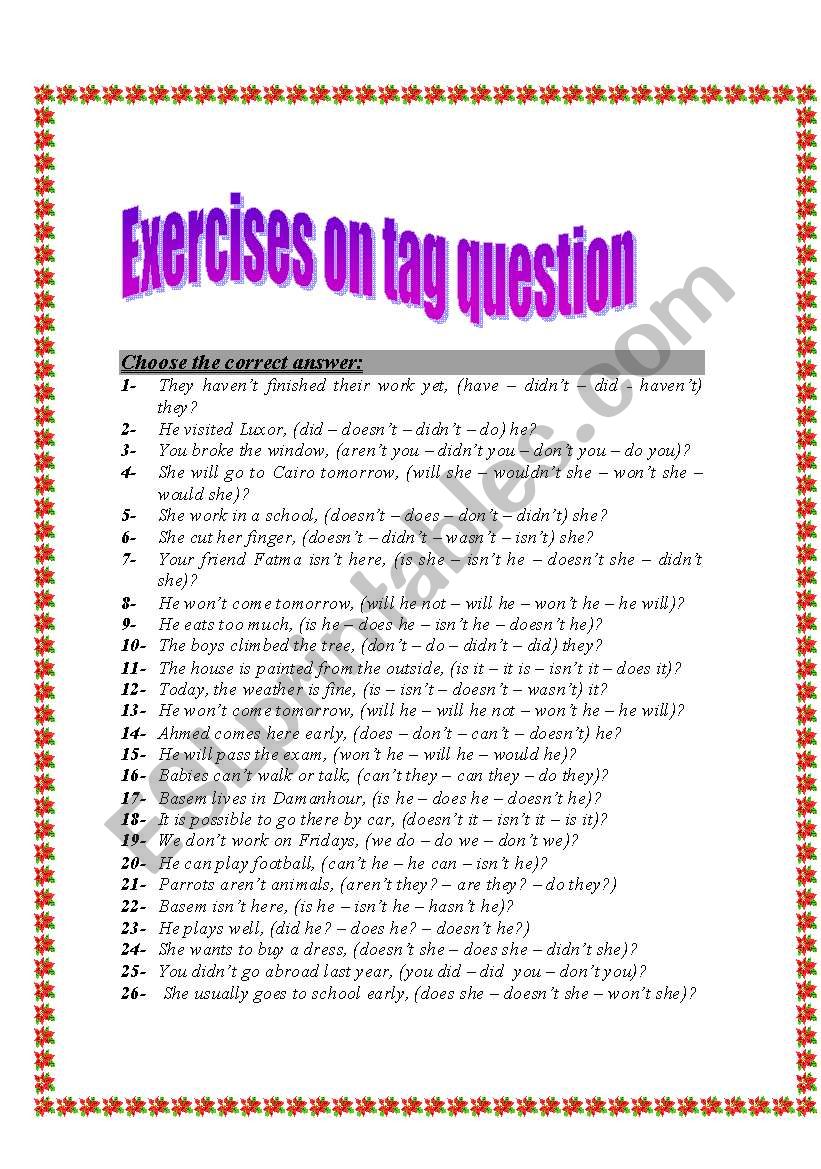 Exercises on tag question worksheet