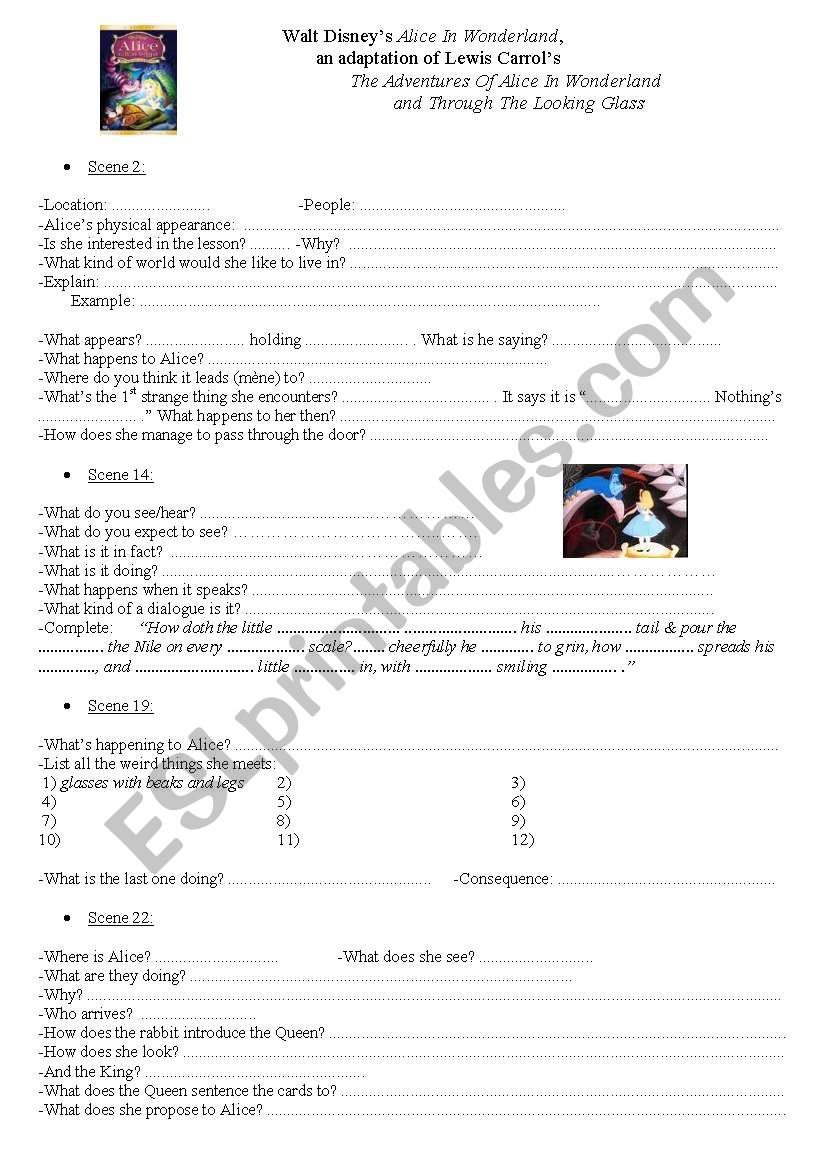 alice in wonderland cartoon  worksheet