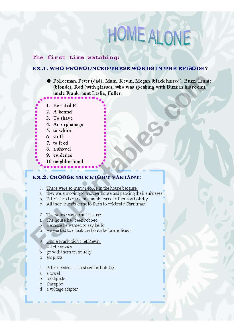 Home Alone Movie worksheet