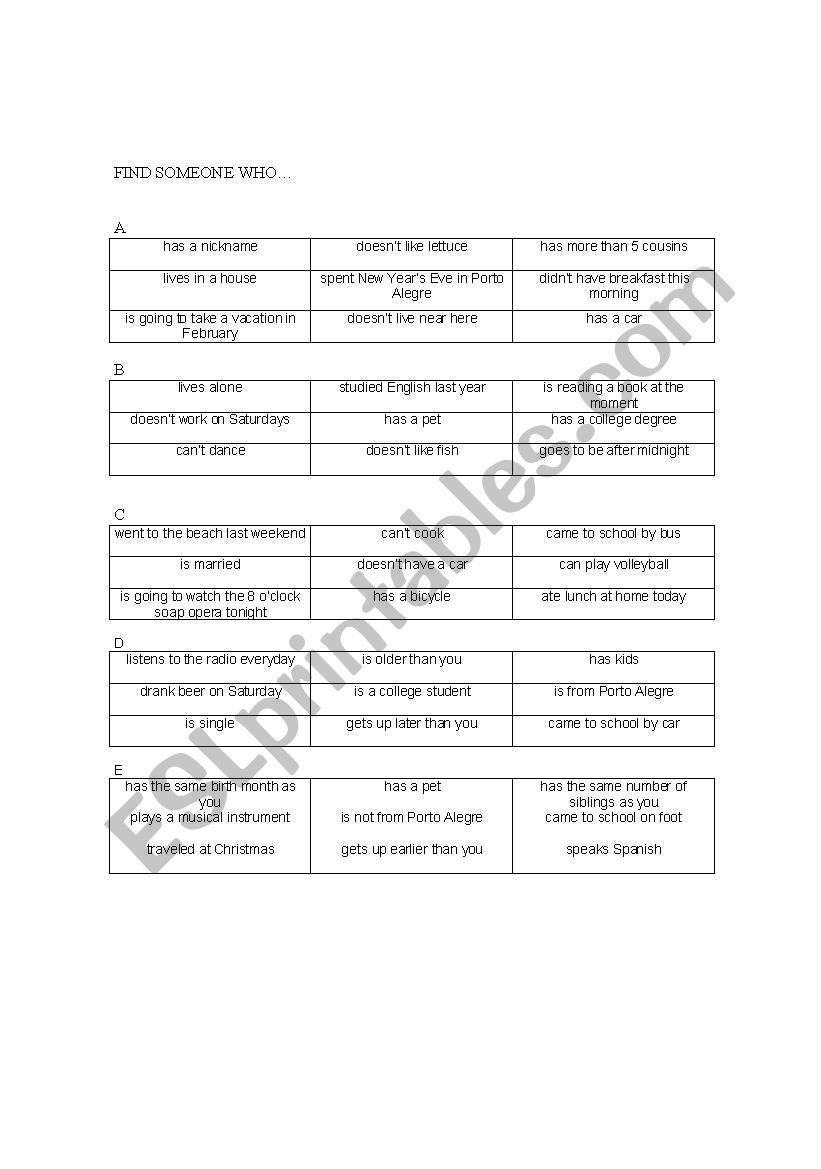 Bingo worksheet