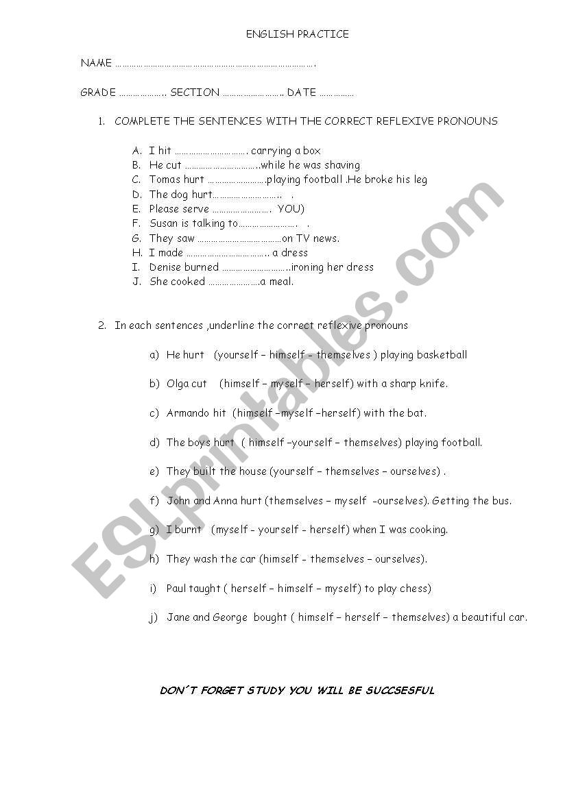 reflexive pronouns worksheet