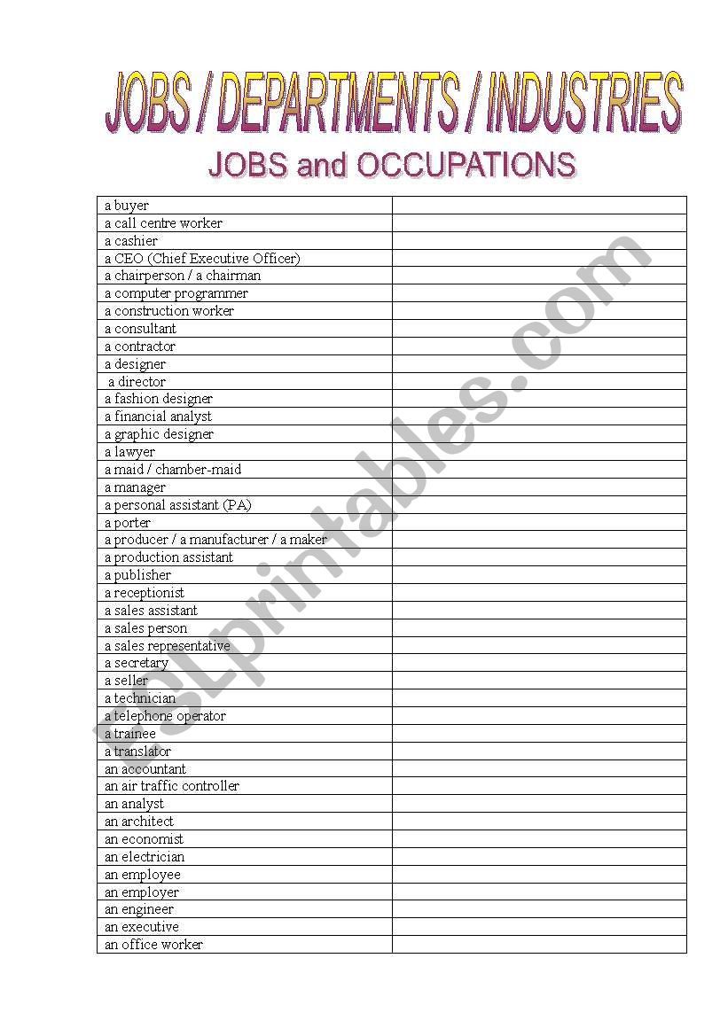 Jobs Departments Industries worksheet