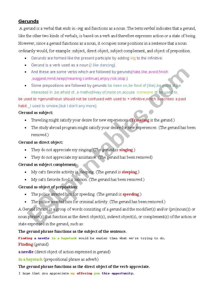 Gerunds worksheet
