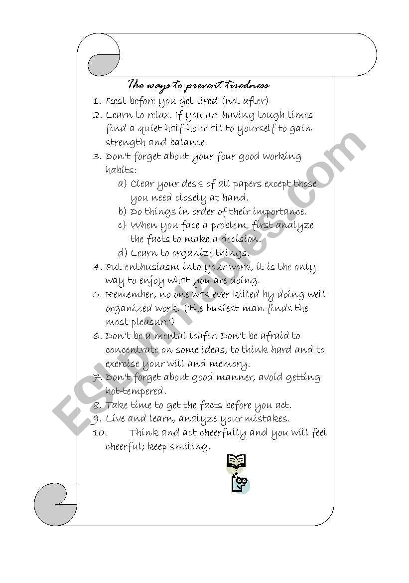 Ways to prevent tiredness worksheet