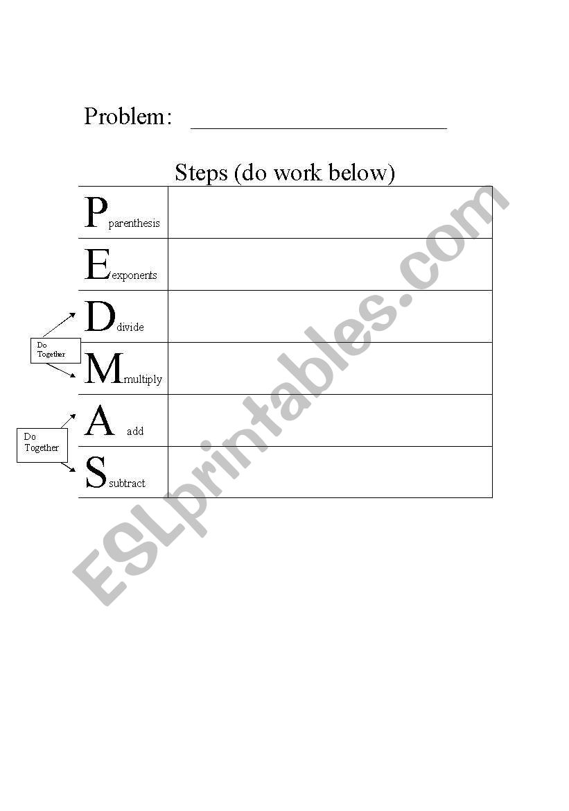 Order of operation chart worksheet