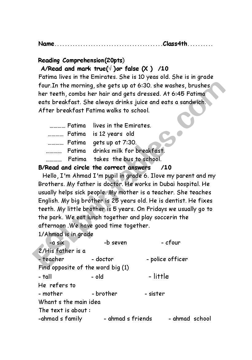 Reading worksheet