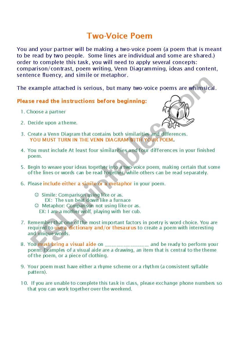 Two voice poem worksheet