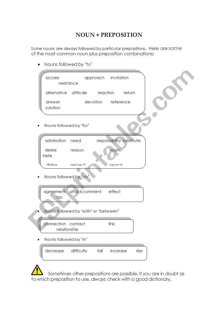 noun+preposition combination worksheet