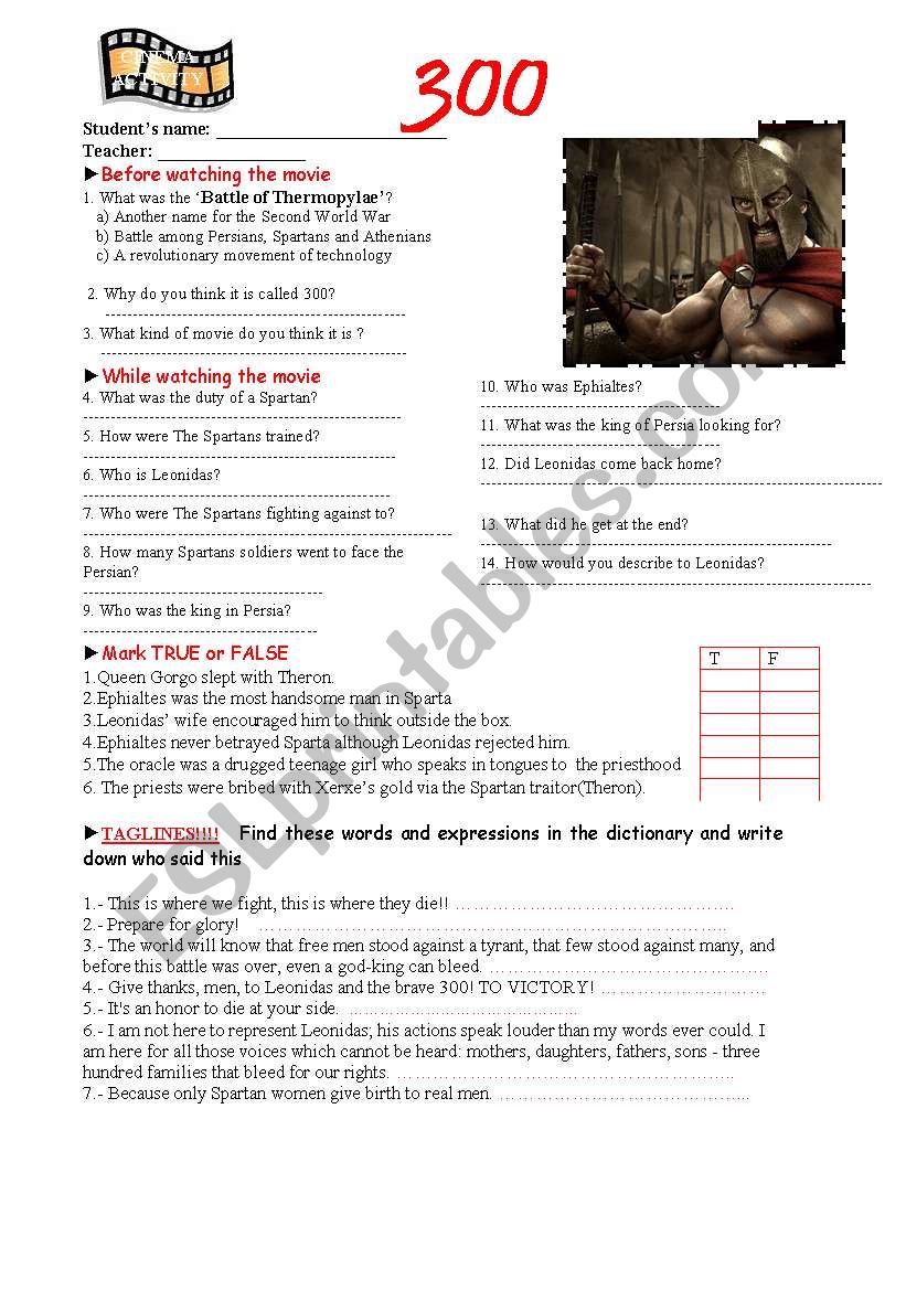 300 MOvie worksheet