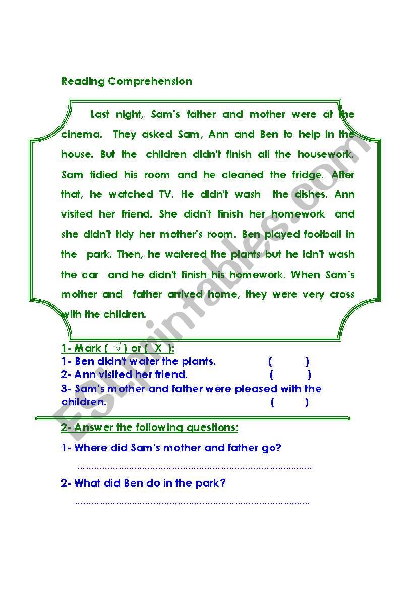 reading comprehension worksheet