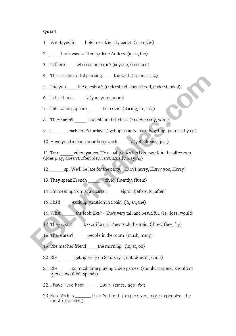 grammar test worksheet