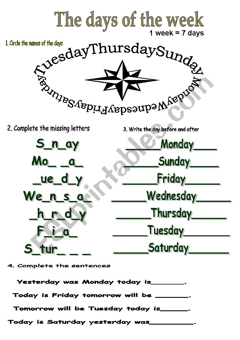 one week=seven days worksheet