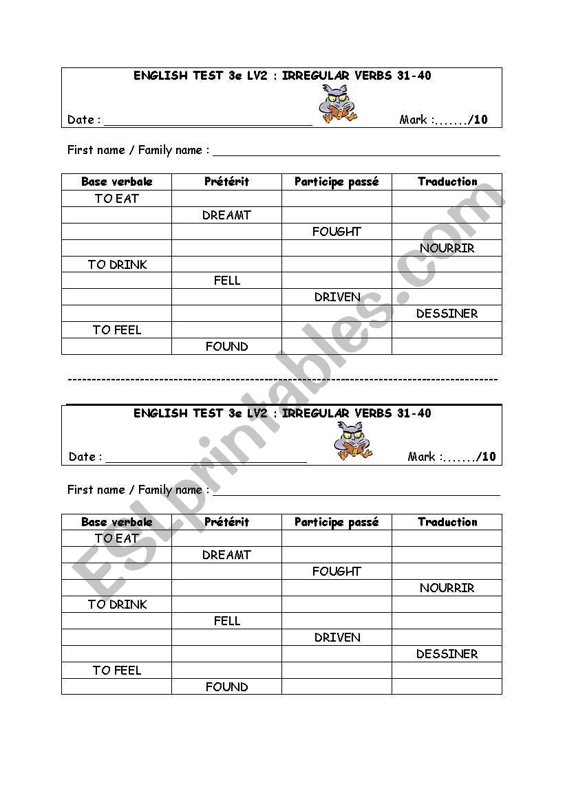 test irregular verbs 31-40 worksheet