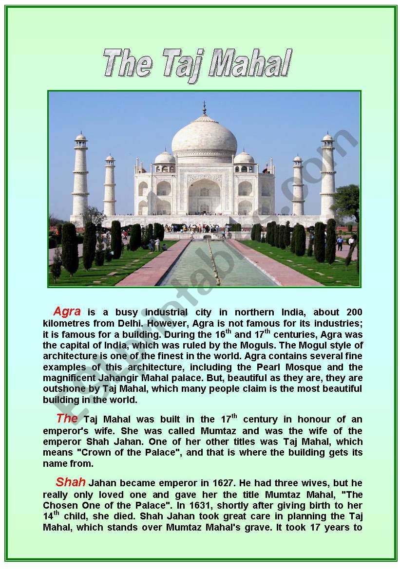 The Taj Mahal Reading Comprehension